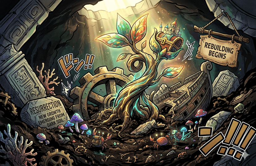 New growth emerging from dark soil, resurrection and rebuilding