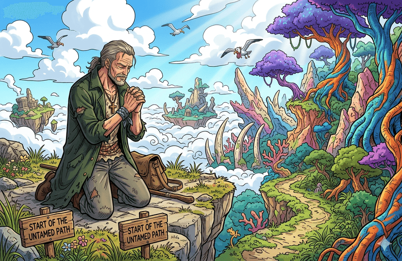 A solitary figure in prayer at the edge of a wilderness